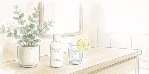 Watercolor illustration of a holistic skincare vanity with lemon water, SPF, and greenery, representing daily habits for glowing skin in Florida.