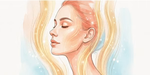 Vibrant watercolor illustration of a woman's profile with golden energy lines representing skin healing after HIFU.