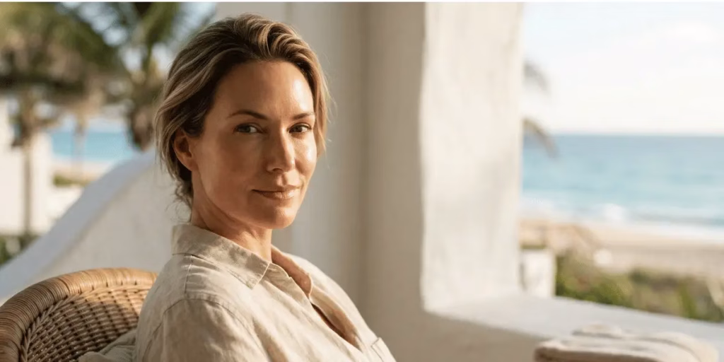 Photo of a radiant 40-year-old woman with a firm jawline, representing a perfect HIFU candidate.