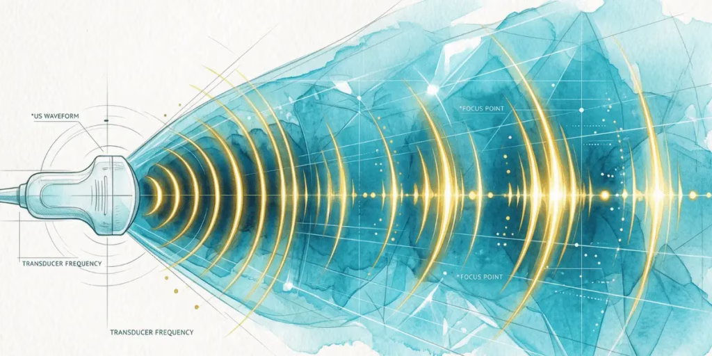 Minimalist watercolor illustration of focused ultrasound energy pulses and golden rings in a crystalline azure medium.