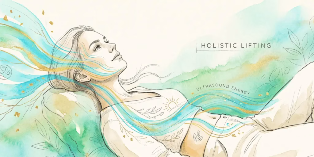 Vibrant watercolor illustration showing ultrasound energy waves lifting skin on both the face and body, representing HIFU technology.