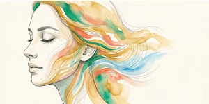 Vibrant watercolor illustration of ultrasound energy waves lifting a woman's face, representing HIFU technology.