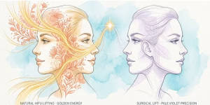 Vibrant watercolor illustration of two female profiles facing away from each other, representing the biological lift of HIFU versus a surgical facelift.