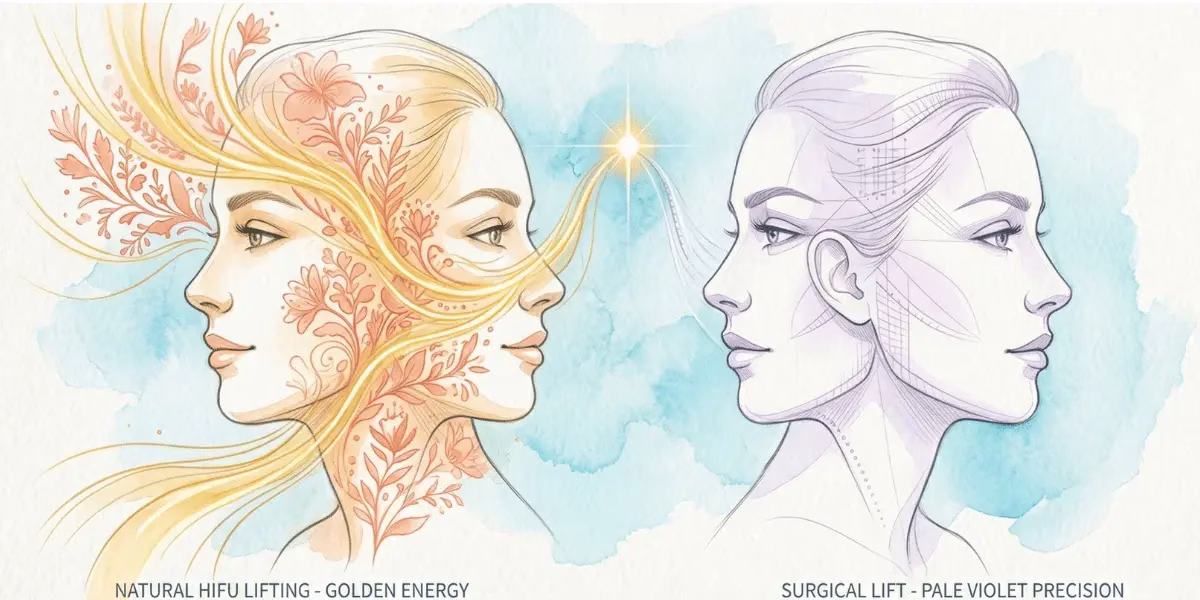 Vibrant watercolor illustration of two female profiles representing the natural lifting effect of HIFU versus a traditional facelift.