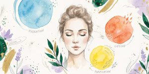 Vibrant watercolor illustration of a woman's face surrounded by colorful skincare icons, representing facial selection guide.