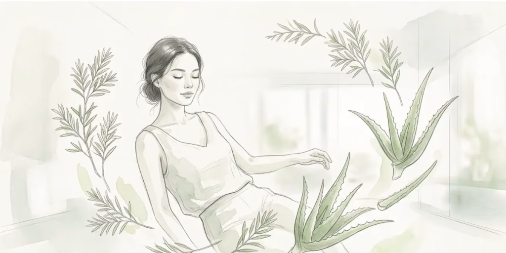 Watercolor illustration of natural acne treatments like aloe and tea tree oil with a clear complexion for a holistic guide.