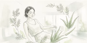 Watercolor illustration of natural acne treatments like aloe and tea tree oil with a clear complexion for a holistic guide.