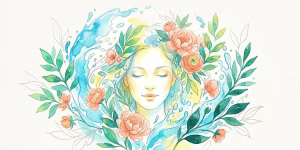 Vibrant watercolor illustration of a serene woman with glowing skin surrounded by turquoise water and emerald leaves, representing holistic facial benefits.