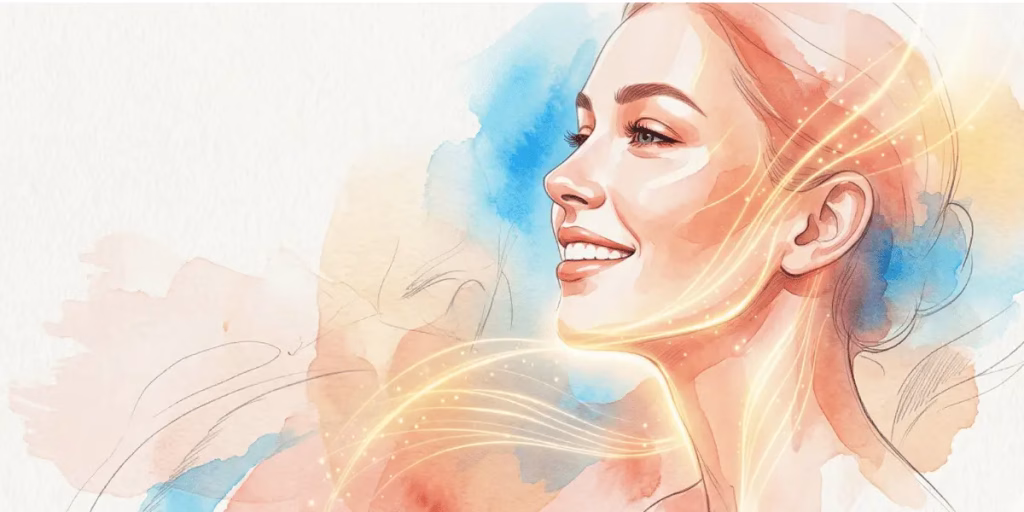 Vibrant watercolor illustration of a woman's profile with golden energy lines lifting her jawline and face.