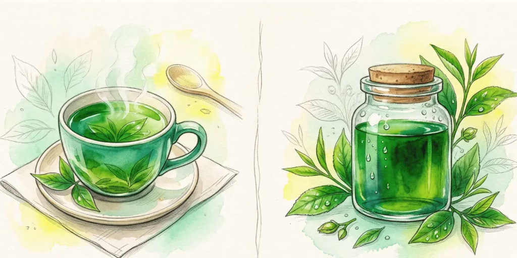 Vibrant watercolor illustration of emerald green tea drink and extract, symbolizing powerful antioxidant skincare.