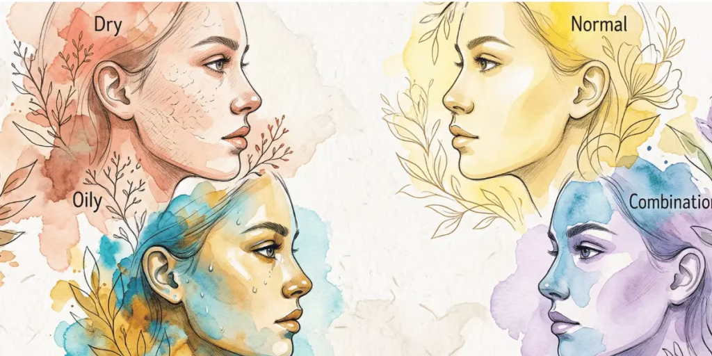 Watercolor illustration of a mosaic of four diverse women's faces, representing dry, oily, normal, and combination skin textures for identification guide.