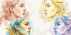 Watercolor illustration of a mosaic of four diverse women's faces, representing dry, oily, normal, and combination skin textures for identification guide.