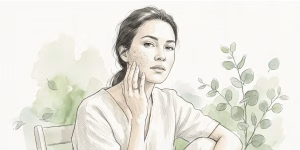 Watercolor illustration of a woman with dry, flaky skin touching her face, representing a holistic approach to skin hydration.