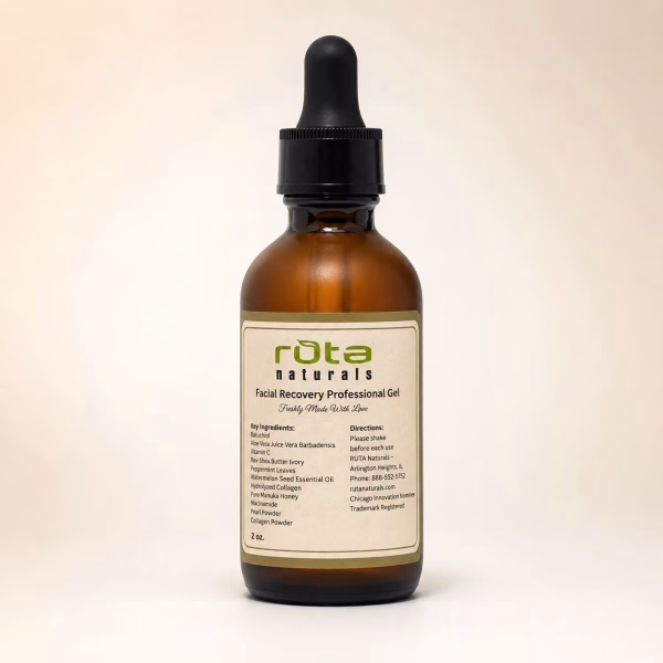 Ruta Naturals Facial Recovery Professional Gel in an amber glass dropper bottle