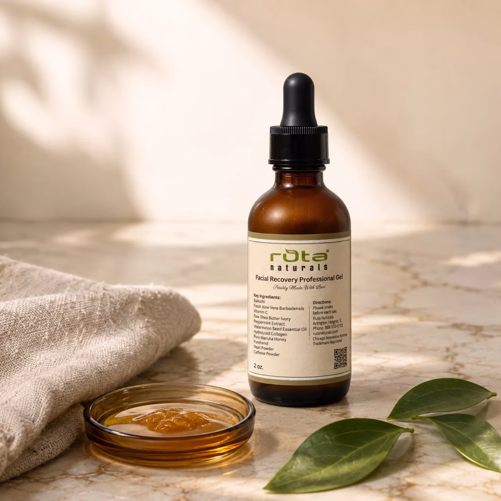 Ruta Naturals Facial Recovery Professional Gel on marble beside manuka honey and towels