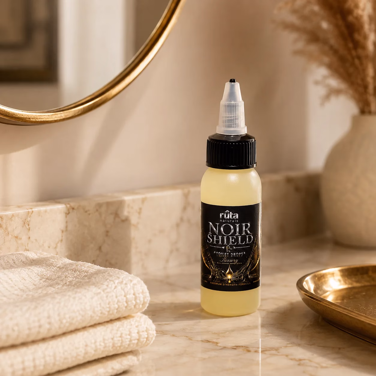 Noir Shield — Luxury Toilet Drops 5 Noir Shield bottle on a bathroom vanity