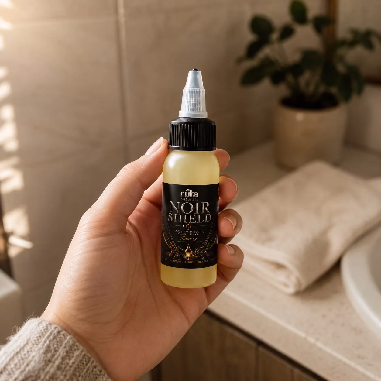 Noir Shield — Luxury Toilet Drops 6 Hand holding the Noir Shield bottle