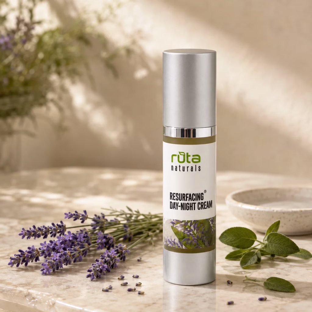 Resurfacing Day-Night Cream on marble with fresh lavender