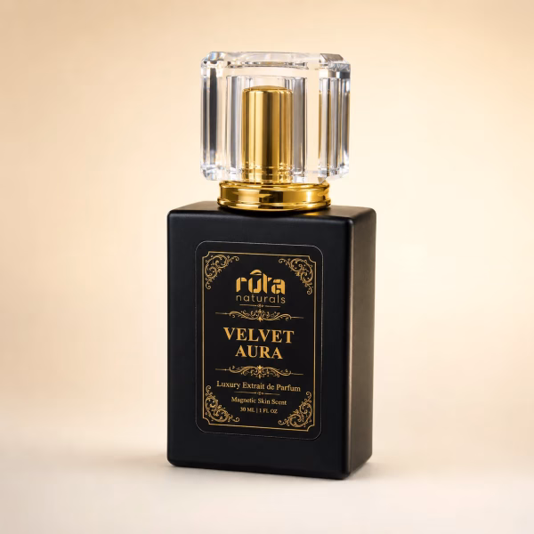Ruta Naturals Velvet Aura extrait de parfum, matte black bottle with gold detailing