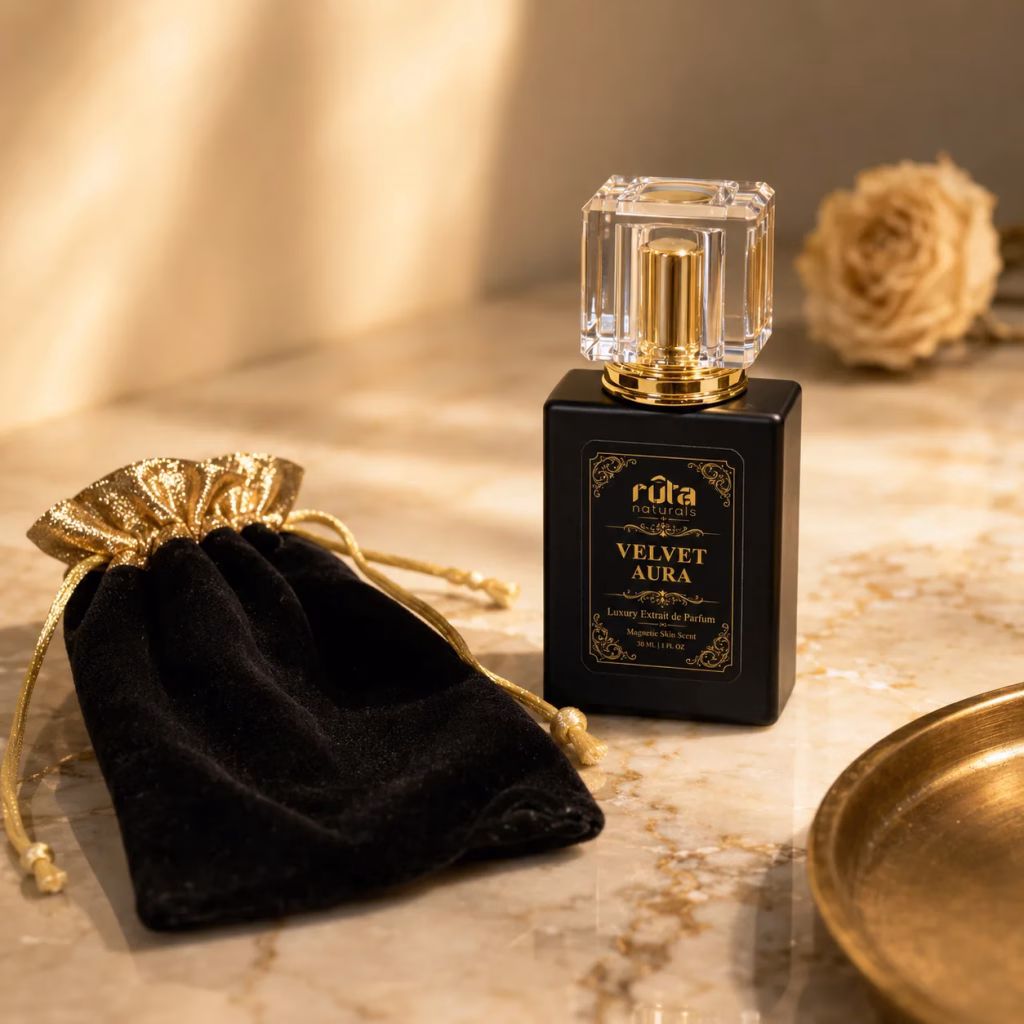Velvet Aura bottle with its velvet travel pouch
