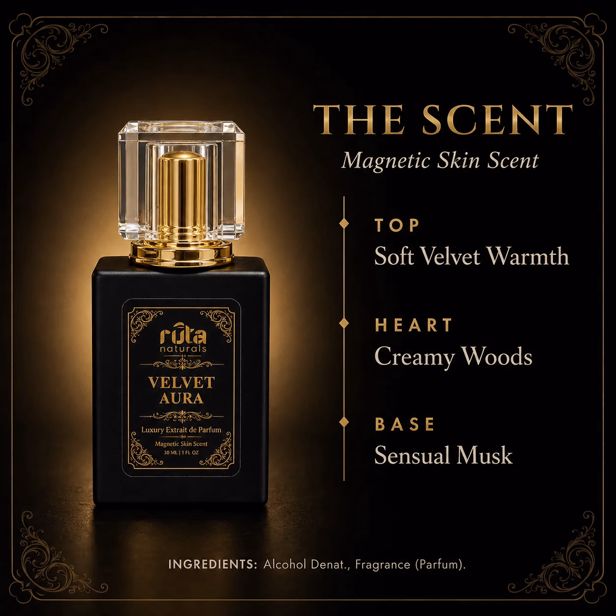 Velvet Aura — Luxury Extrait de Parfum 4 Velvet Aura scent notes: soft velvet warmth, creamy woods, sensual musk